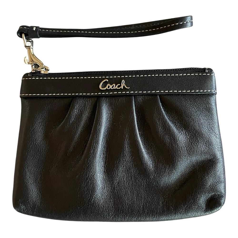 COACH Small Black Soft Pleated Leather Silver Logo Top Zip Clutch Wristlet